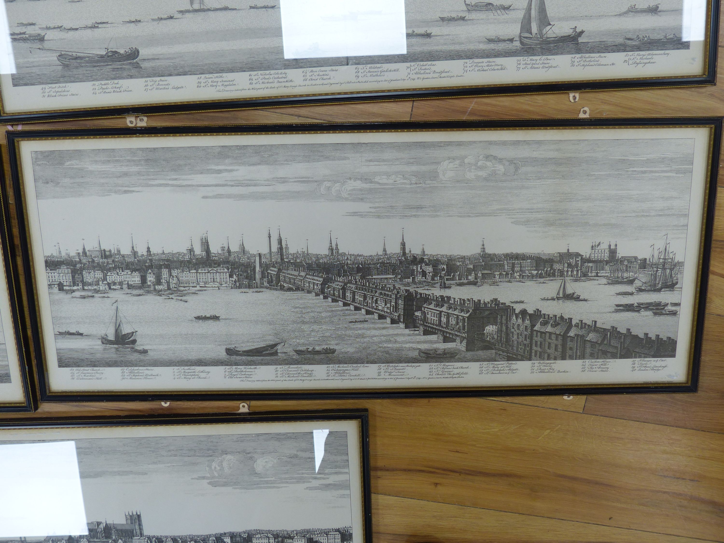 After S and N Buck, set of five reprints, Views along the River Thames in 1749, 32 x 82cm